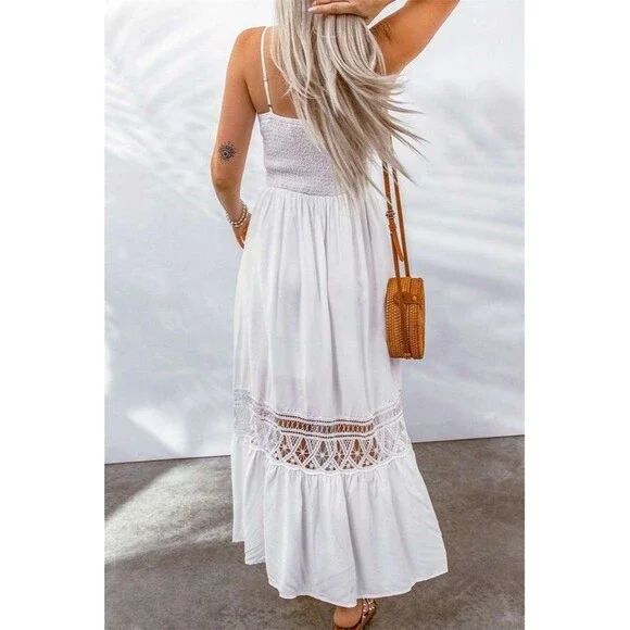 Bohemian Crochet Lace Trim Tiered Summer Maxi Dress White CottageCore Wedding - Picture 2 of 5